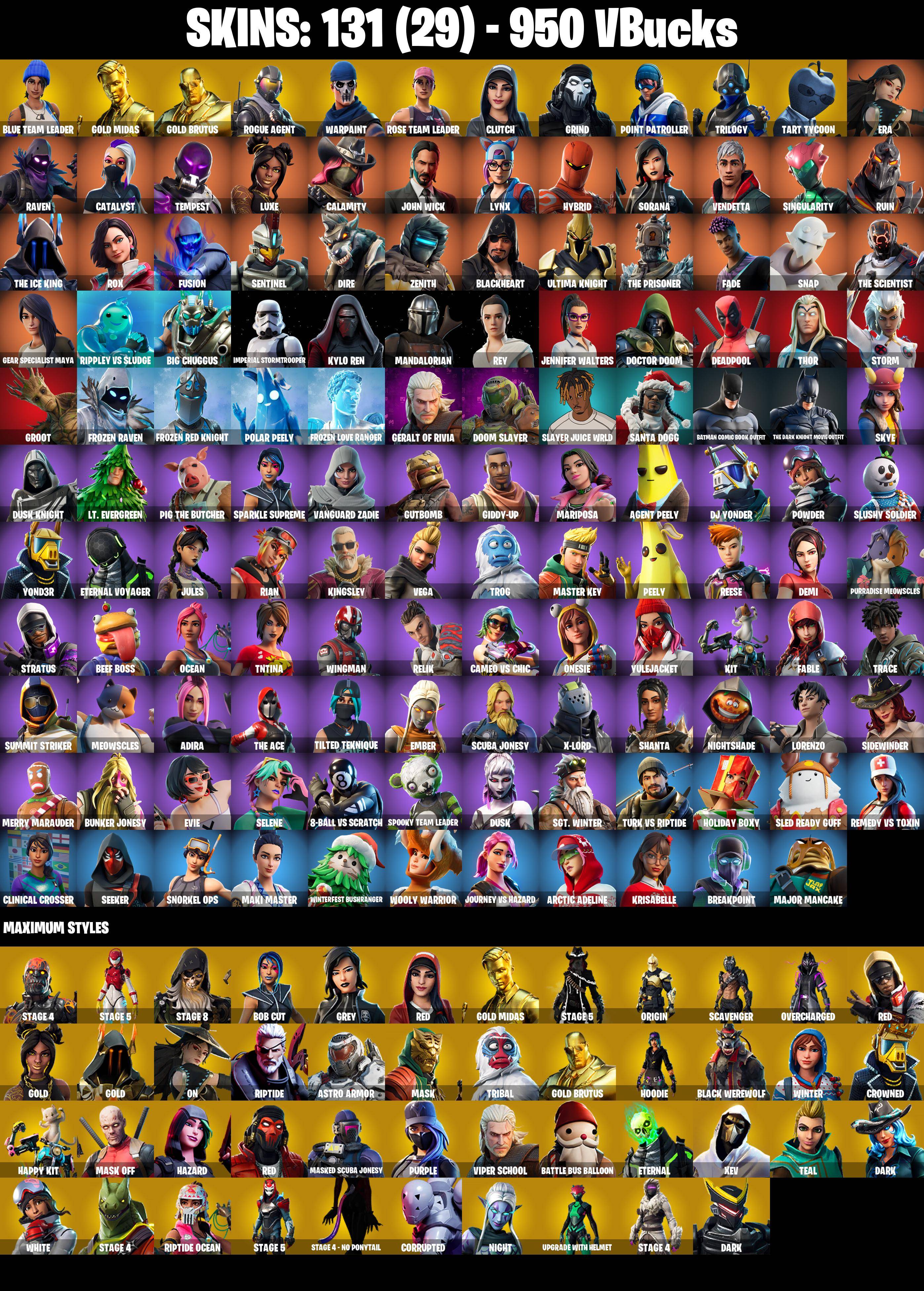 [PC/PSN/XBOX] 131 SKINS | OG STW | x15 LEGENDARY DANCES | BLUE TEAM LEADER | GOLD MIDAS | GOLD BRUTUS | ROGUE AGENT | CLUTCH | GRIND | POINT PATROLLER | TRILOGY | JOHN WICK | 950 VB