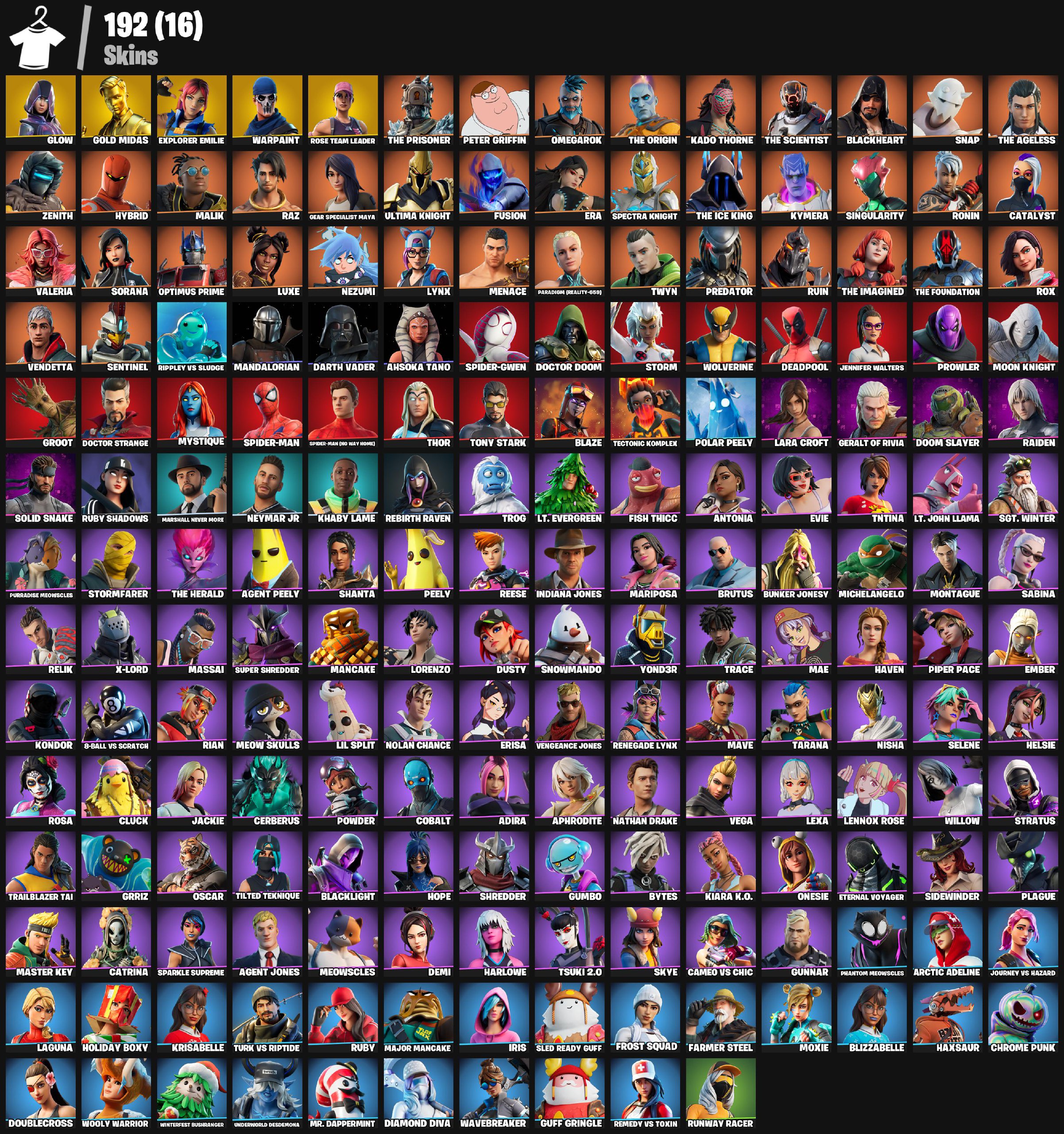 [PC/XBOX/PSN] 192 skins | Candy Axe | OG STW | Deadpool | Spider-Man | Lara Croft | Raiden | Solid Snake | Doom Slayer | Mandalorian | Glow | Gold Midas | Explorer Emilie | Skirmish | Pursuit | Greebles | 350 VB