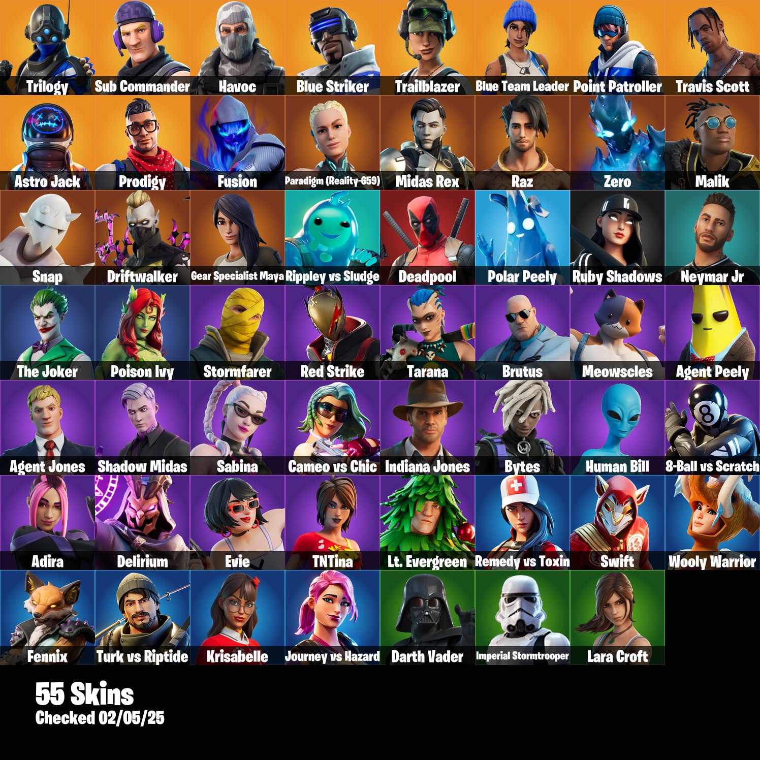 [PC/PSN/XBOX] 55 Skins | TRAVIS SCOTT | Deadpool | Lara Croft | Darth Vader | Poison Ivy | Ruby Shadows | Trilogy | Sub Commander | Havoc | Blue Striker | Trailblazer | Blue Team Leader | 250 VB