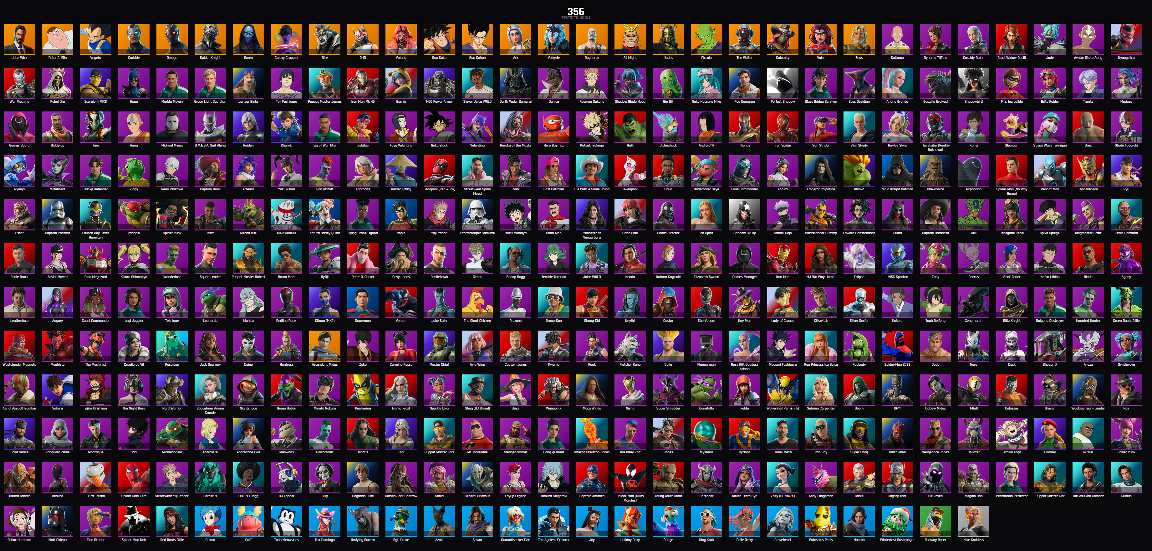 (PC PSN XBOX 356 SKINS / 209 PURCHASED SKINS / JOH WICK / OMEGA / VEGETA / SON SOKU / CHUN-LI / RYU / VENOM