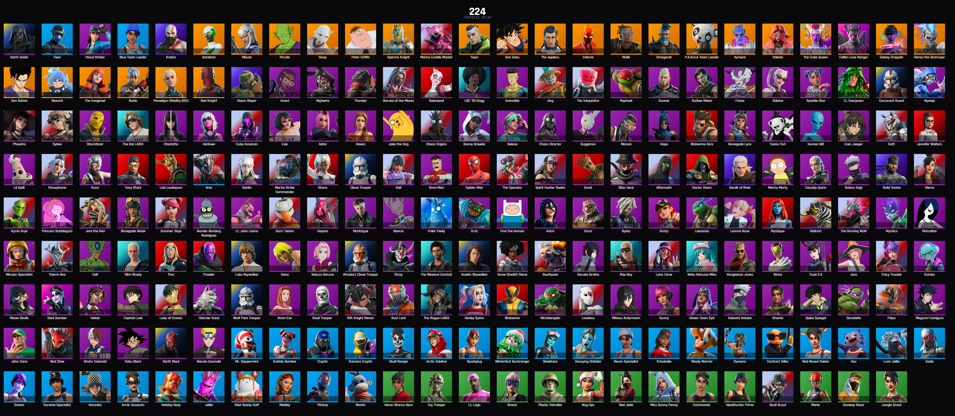 (PC PSN XBOX 224 SKINS / KRATOS / BACKLASH / BLUE TEAM LEADER / SON GOKU / SON GOHAN / RED KNIGHT / TONY STARK / MYSTIQUE / SAKURA HARUNO / HARLEY QUINN