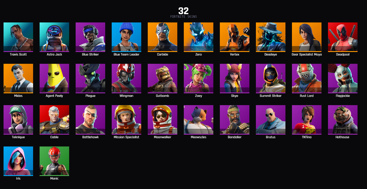 (PC PSN XBOX 32 SKINS / TRAVIS SCOTT / TAKE THE L / ASTRO JACK / BLUE TEAM LEADER / DEADPOOL / MIDAS / DIAMOND JACK / VERTEX / Deadeye