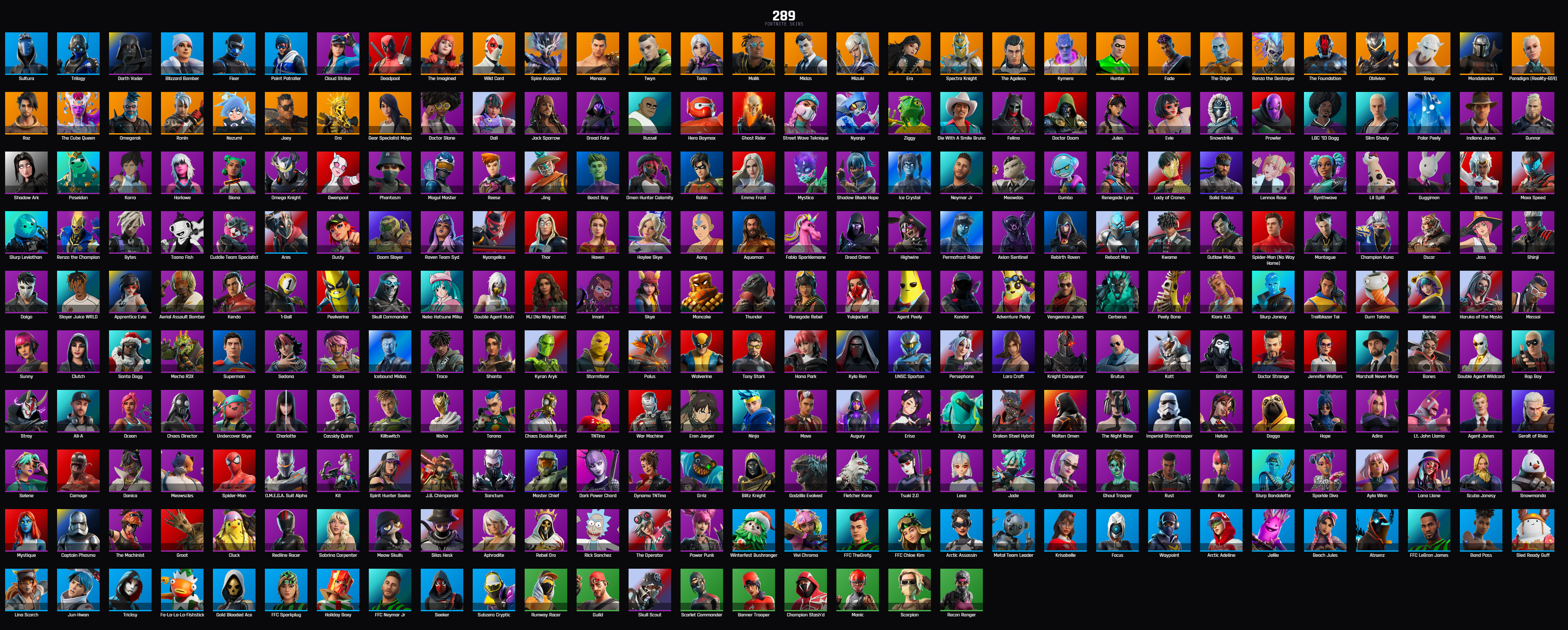 PC PSN XBOX 289 SKINS / DEADPOOL / Blizzard Bomber / Midas / Omegarok / Mogul Master / Neymar Jr / Cuddle Team Specialist / Spider-Man (No Way Home) / Champion Kuno / Superman