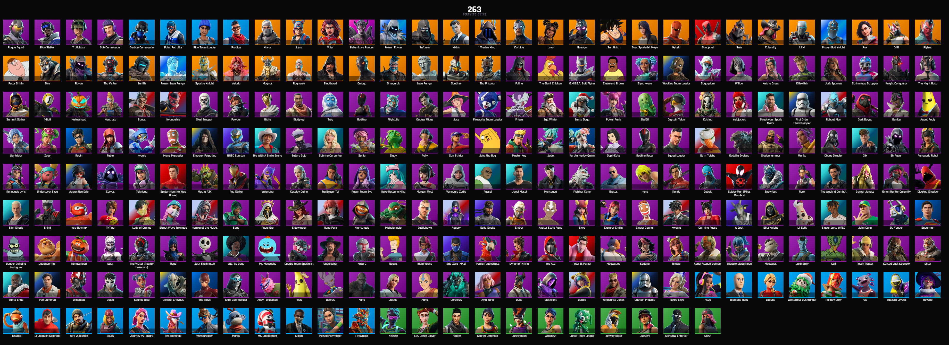 PC PSN XBOX 263 SKINS / TRAILBLAZER / PRODIGY / BLUE TEAM LEADER / SON GOKU / MIDAS / DEADPOOL / OMEGA / SKULL TROOPER / LIONEL MESSI / CLOAKED SHADOW / SUPERMAN