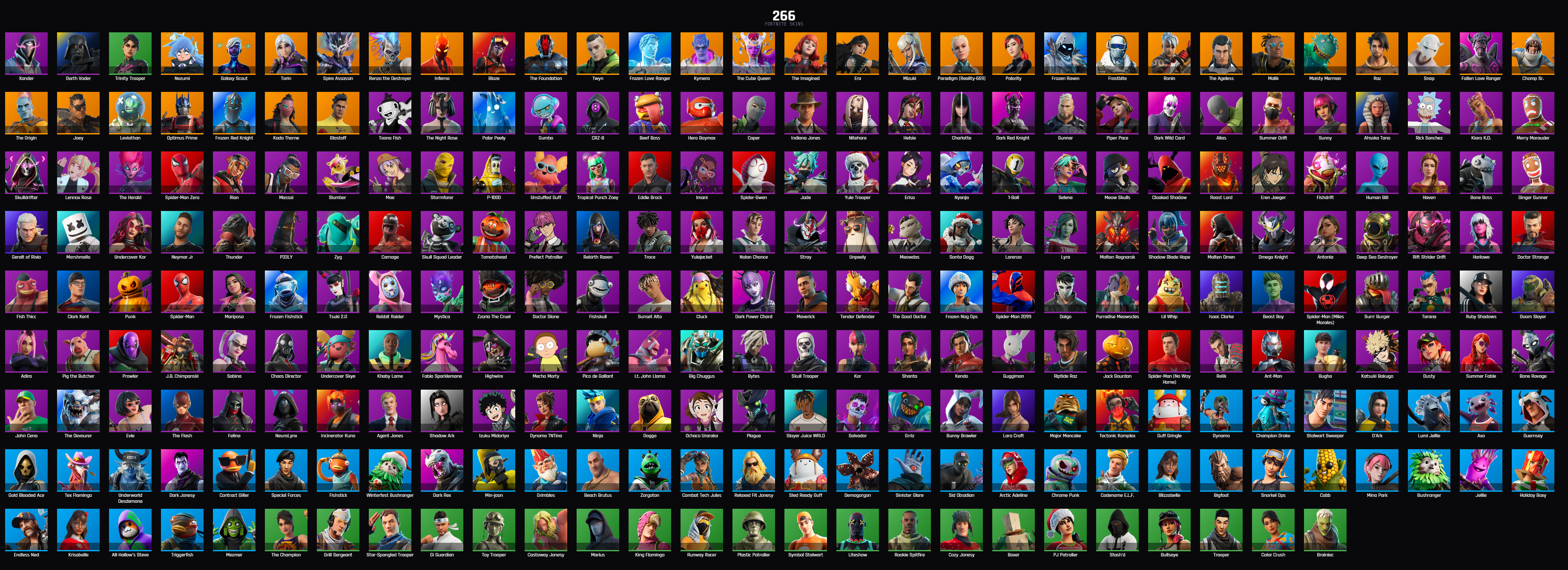 (PC PSN XBOX 266 SKINS / 107 PURCHASED SKINS / TRINITY TROOPER / GALAXY SCOUT / Polarity / BLAZE / CLOAKED SHADOW / MARSHMELLO / SKULL TROOPER