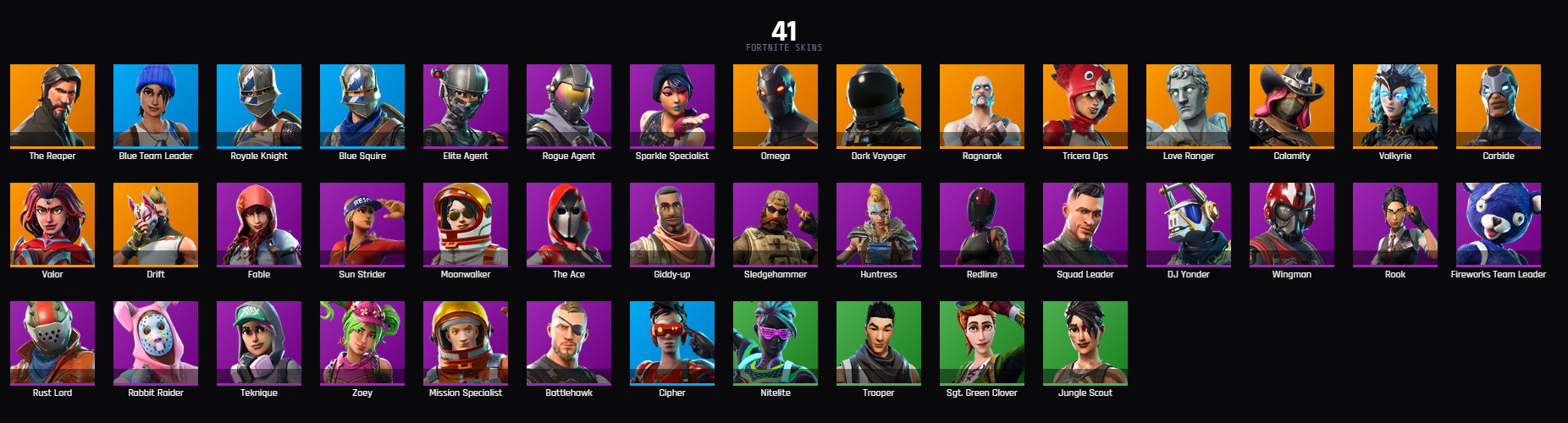 (PC PSN XBOX 41 SKINS / SPARKLE SPECIALIST / FLOSS / THE REAPER / ROYALE KNIGHT / BLUE SQUIRE / ELITE AGENT / TAKE THE L / MAKO / OMEGA