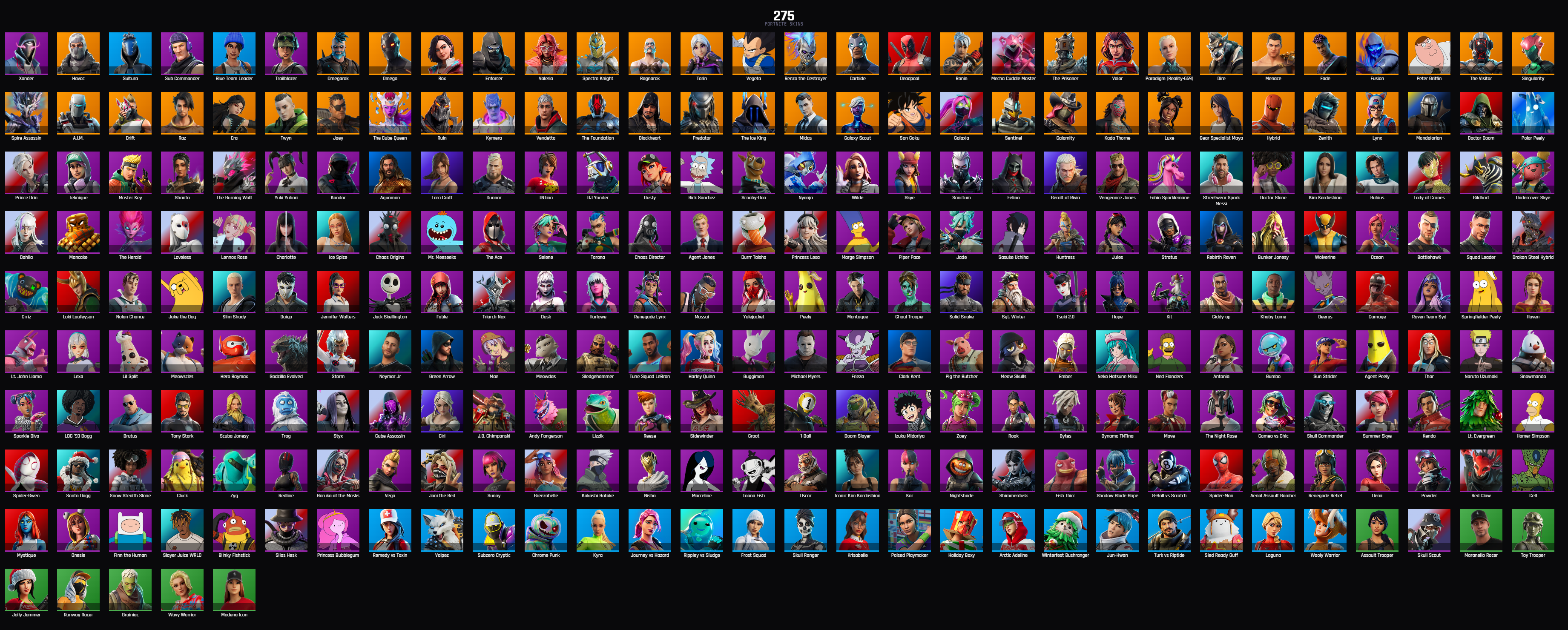 PC PSN XBOX 275 SKINS / TRAILBLAZER / OMEGA / Freestylin' / BLUE TEAM LEADER / Havoc / SULTURA / SON GOKU / GALAXY SCOUT / GALAXIA / Sasuke Uchiha / GHOUL TROOPER / WOLVERINE / CARNAGE / HARLEY QUINN