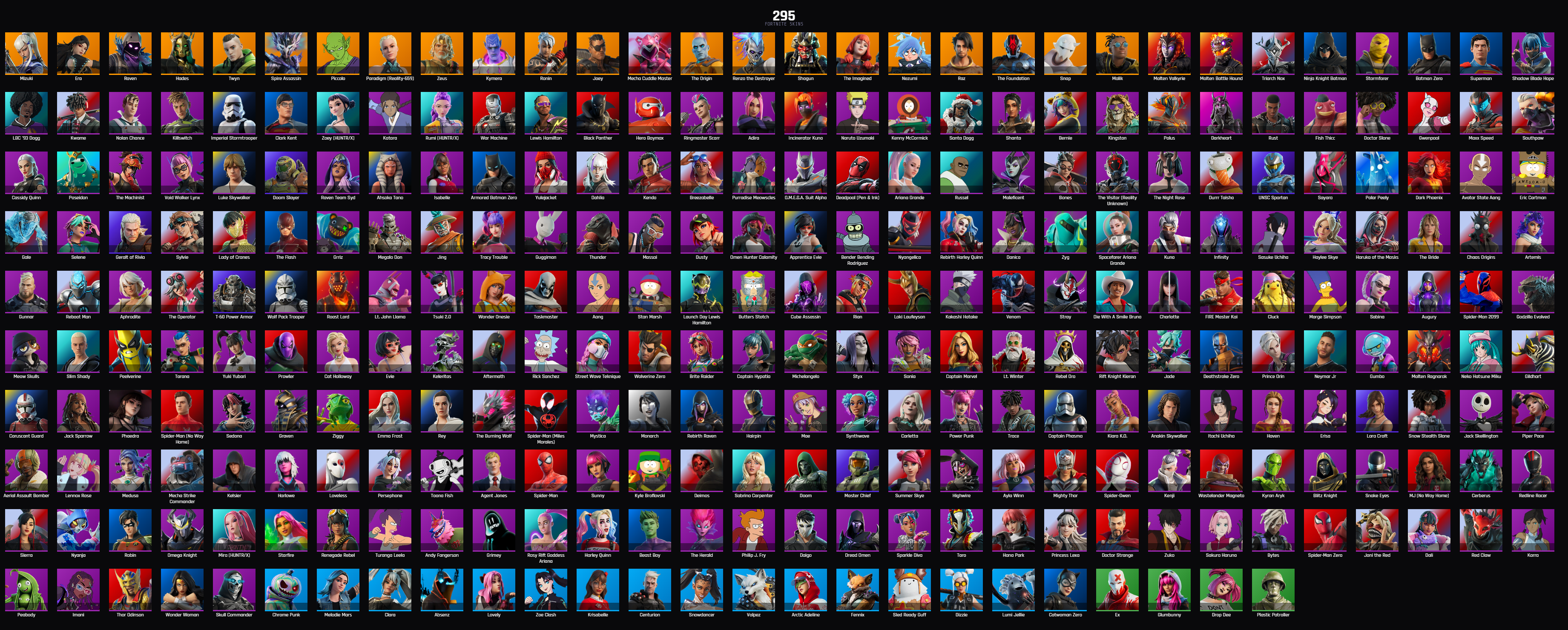 (PC PSN XBOX 295 SKINS / RAVEN / THE FLASH / REBIRTH HARLEY QUINN / CHAOS ORIGINS / AANG / KAKASHI HATAKE / VENOM / FIRE Master Kai / LARA CROFT / ITACHIO UCHIHA / MASTER CHIEF / HARLEY QUINN