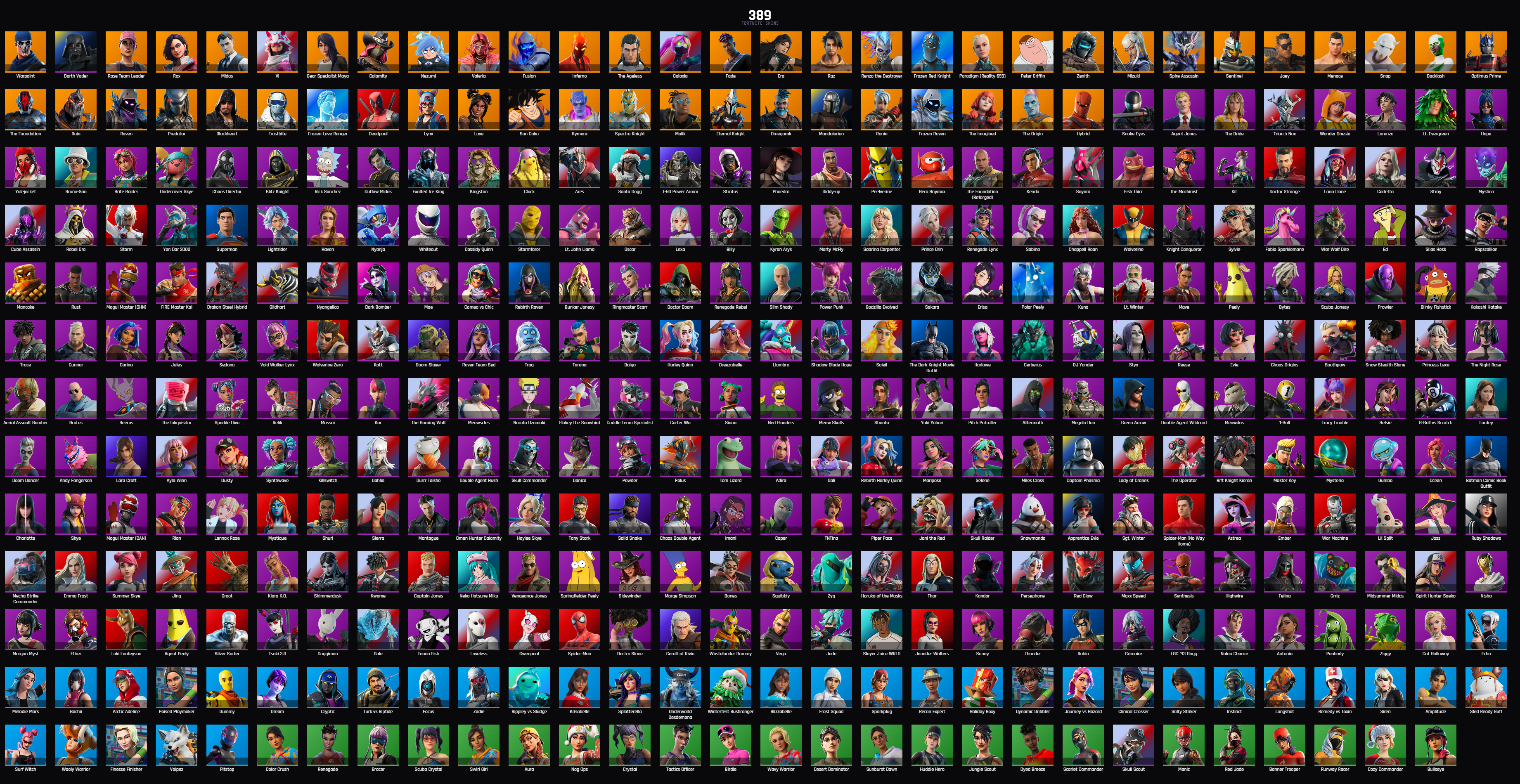 (PC PSN XBOX 389 SKINS / LEVIATHAN AXE / OG STW / GALAXIA / DEADPOOL / SON GOKU / SUPERMAN / MOGUL MASTER (CHN) / DARK BOMBER / HARLEY QUINN / LARA CROFT / NARUTO UZUMAKI / TONY STARK / MYSTIQUE