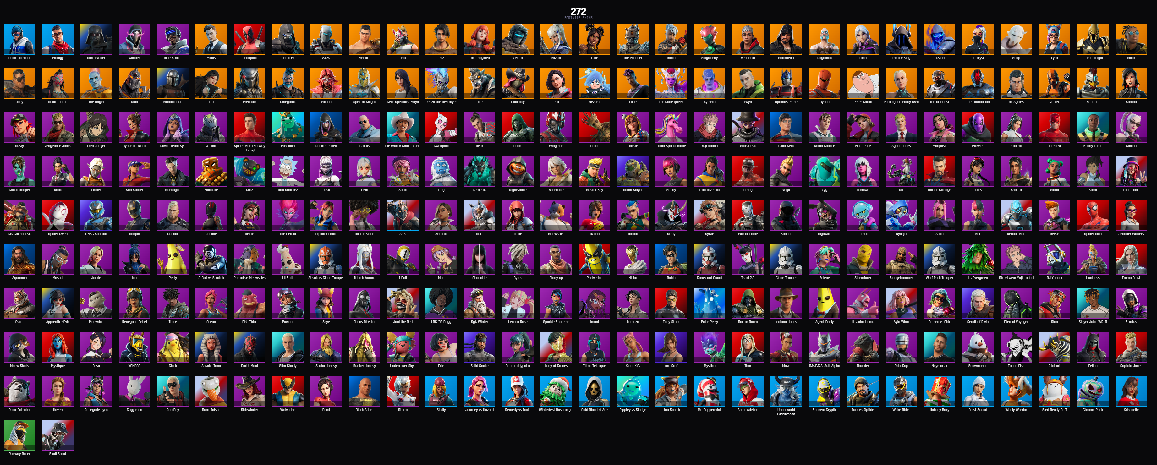 (PC PSN XBOX 272 SKINS / PRODIGY / MIDAS / DEADPOOL / LYNX / VERTEX / EREN JAEGER / GHOUL TROOPER / SORANA / TONY STARK / LARA CROFT