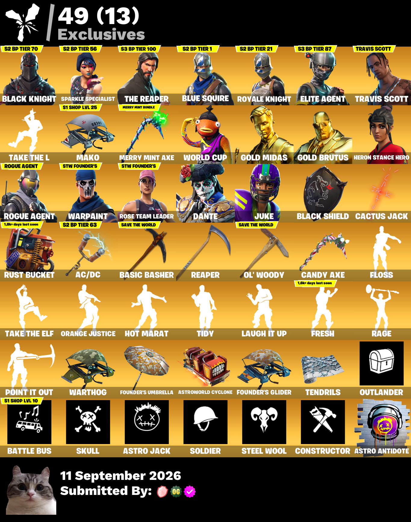 🦋 [PC/PSN/XBOX] 170 skins 🐉 OG STW 🖤 Black Knight 💜 Travis Scott 🎀 Merry Mint Axe 🌸 Sparkle Specialist 💥 The Reaper 🩵 Blue Squire 👑 Royale Knight 🎯 Elite Agent 🍒 Dante 🌟 WORLD CUP 🎉 Fresh 🦉 Heron Stance Hero 💰 350 VB