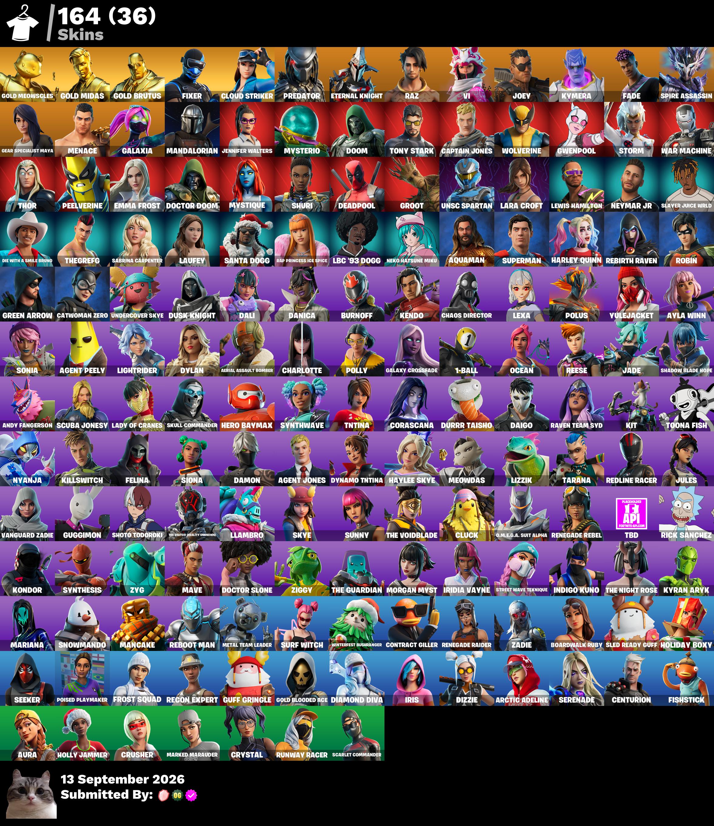 🌸 [PC/PSN/SWITCH] Email Change 🐉 164 skins 🦩 Leviathan Axe 🍋 Renegade Raider 🌀 Indigo Kuno 💛 Gold Meowscles 🦉 Gold Midas 🥝 Gold Brutus 🌺 Lara Croft 🐝 Fixer 🪐 Cloud Striker 🍰 Predator 💙 Eternal Knight 🌴 Raz 💥 300 VB