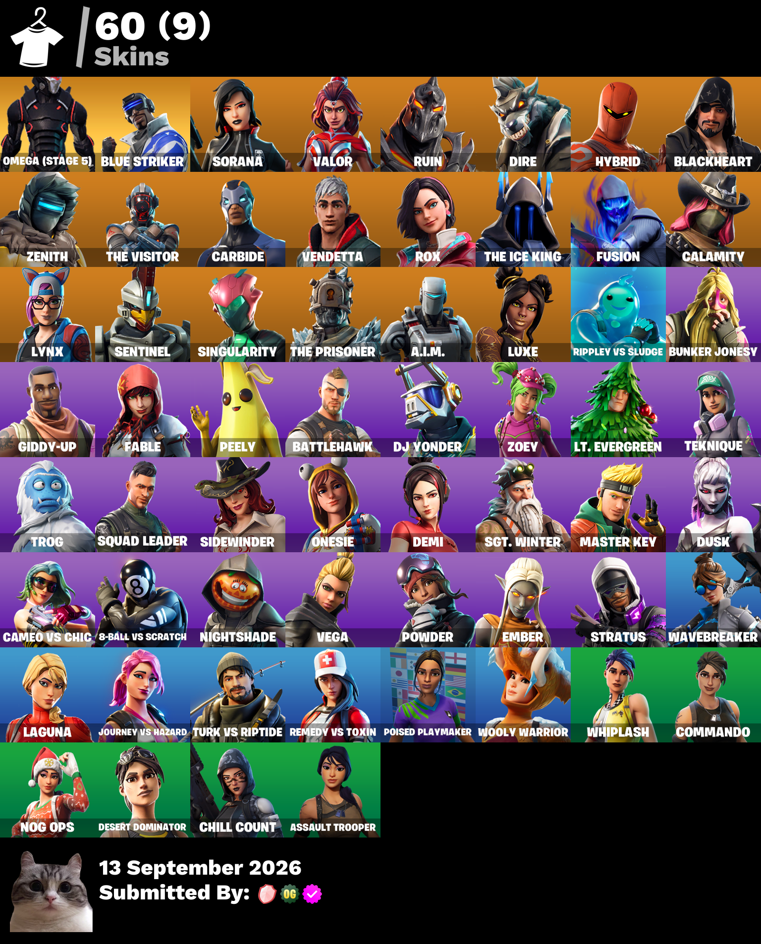 🌙 [PC/PSN/XBOX] 60 skins 🦋 Merry Mint Axe 🍇 Omega (stage 5) 🐉 Blue Striker 🩷 Sorana 🌴 Valor 🪻 Ruin 🦉 Dire 💛 Hybrid 🐚 Blackheart 🦩 Zenith 🎯 The Visitor 🍓 Carbide 🌀 Vendetta 💜 150 VB