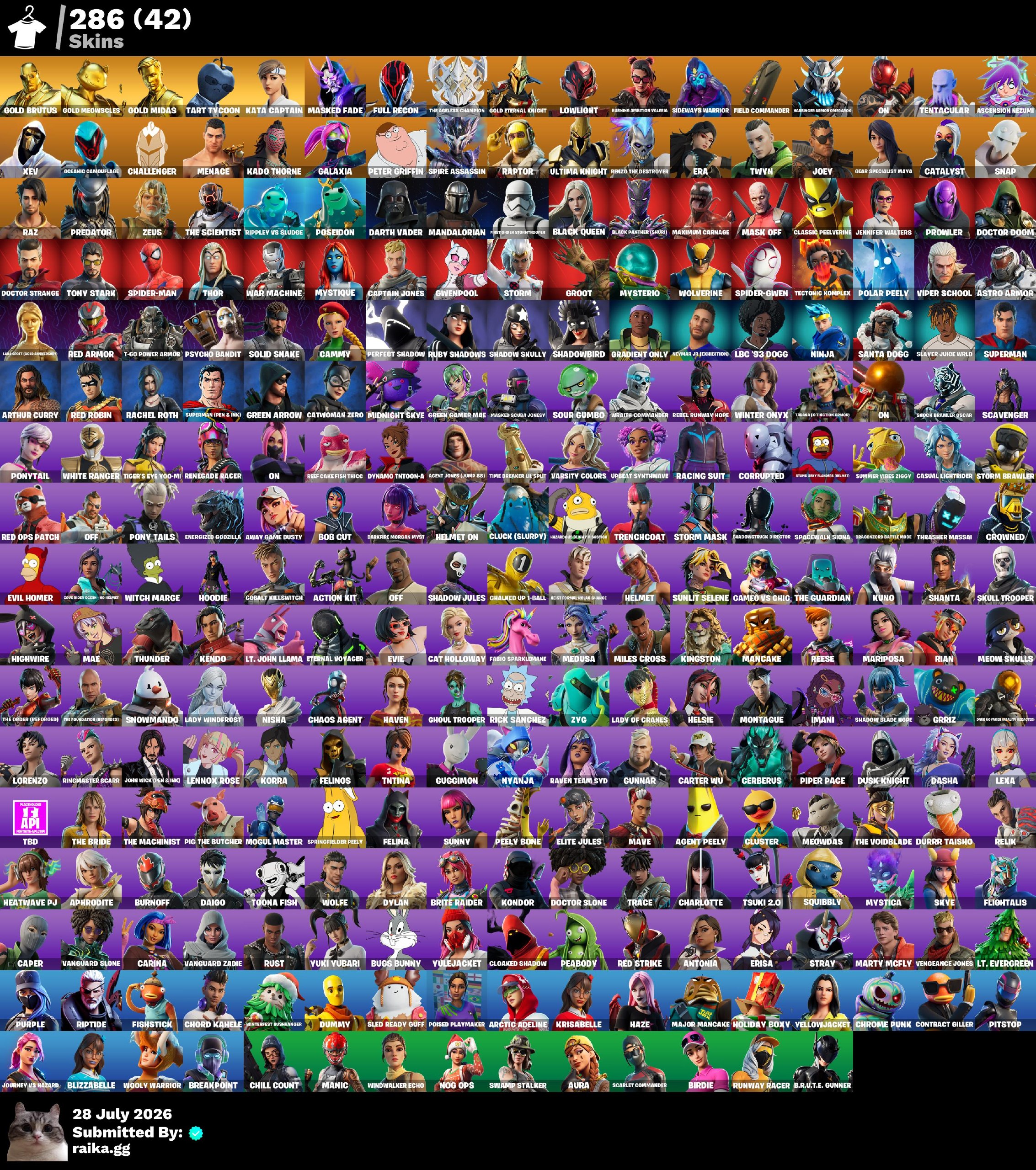 [PC/PSN/XBOX] | 286 Skins | Leviathan Axe | Gold Brutus | Gold Meowscles | Gold Midas | Tart Tycoon | Kata Captain | MASKED FADE | Full Recon | O4G