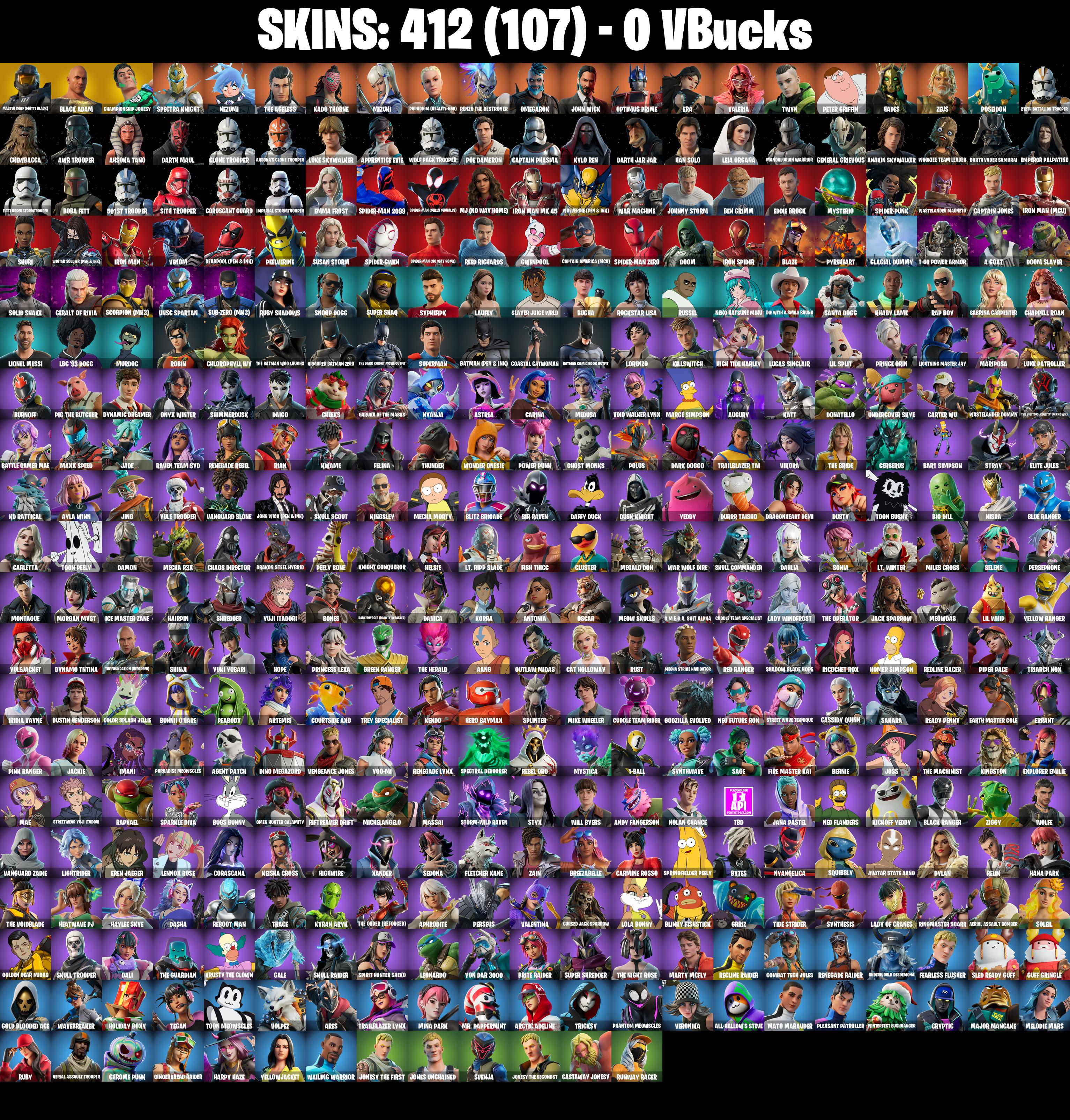 (PC/PSN/XBOX) 412 SKINS π Renegade Raider π Aerial Assault Trooper π Master Chief (Matte Black) π Black Adam π Championship Jonesy π Spectra Knight π 0 V-Buck PARENTAL CONTROL β image 2