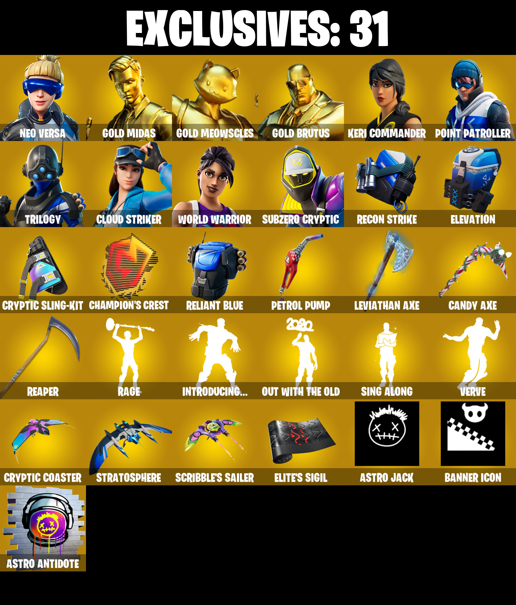 (PC/PSN/XBOX) 172 SKINS π Neo Versa π Gold Midas π Gold Meowscles π Gold Brutus π Keri Commander π Point Patroller π Trilogy π 50 V-Buck PARENTAL CONTROL β image 1