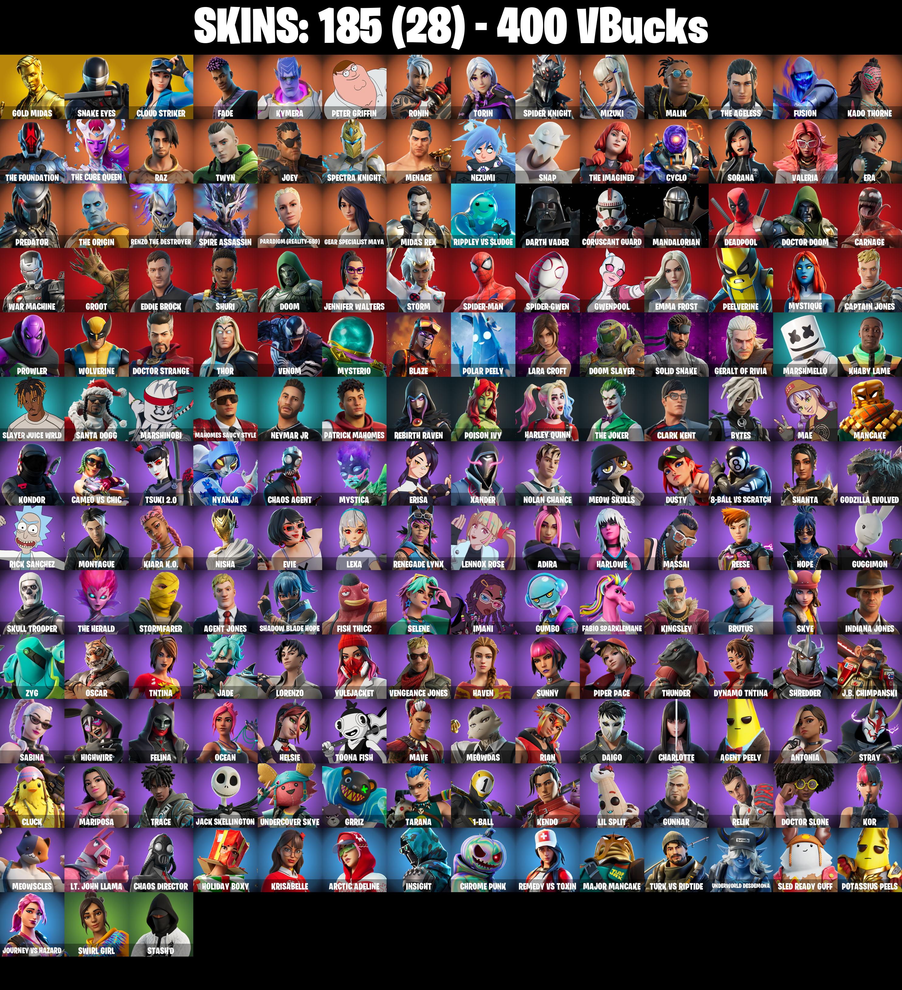 (PC/PSN/XBOX) 185 SKINS π Gold Midas π Snake Eyes π Cloud Striker π Fade π Kymera π Peter Griffin π Ronin π Torin π 400 V-Buck PARENTAL CONTROL β image 2
