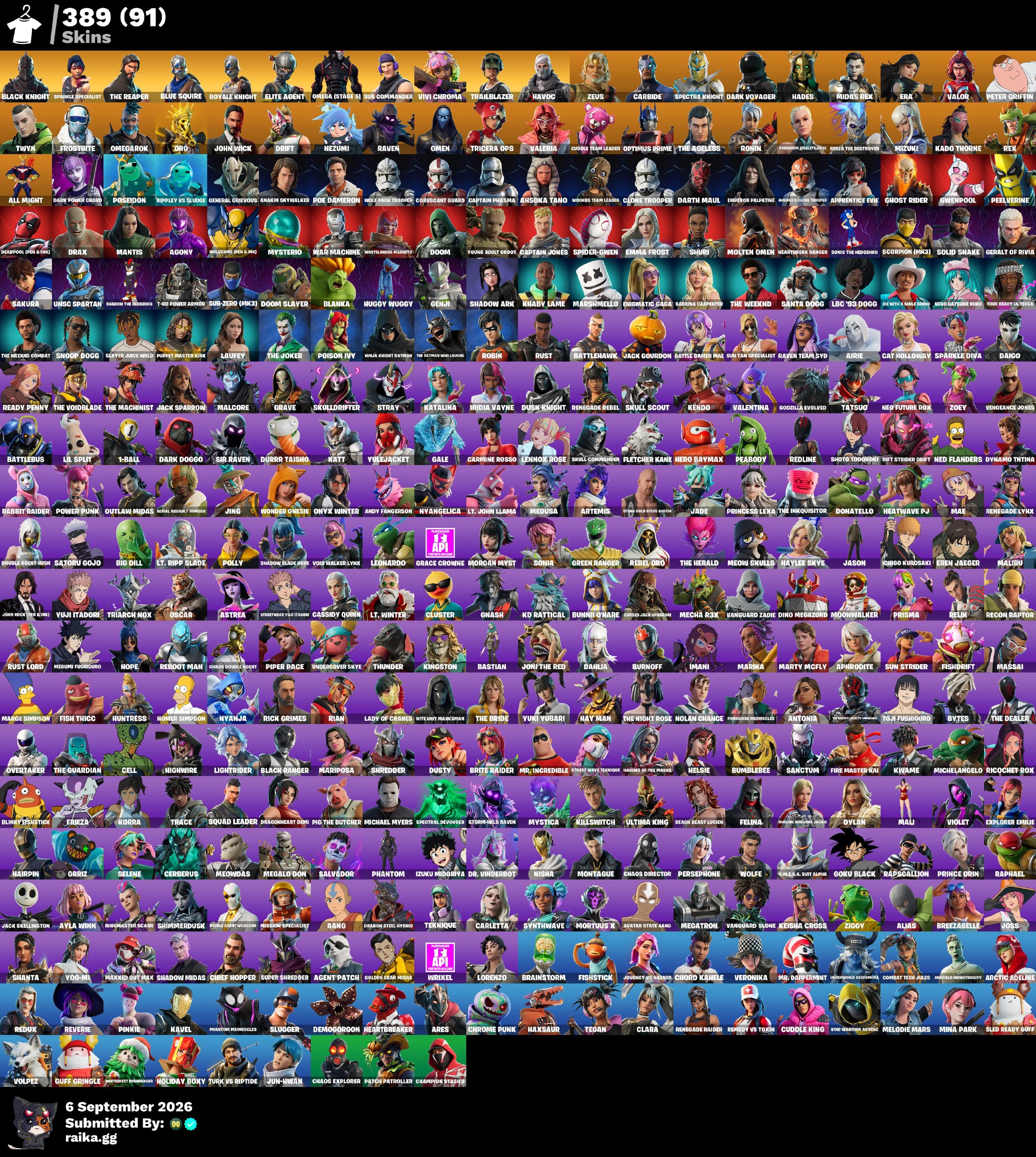 [PC/PSN/XBOX] 389 skins |  | Black Knight | Sparkle Specialist | The Reaper | Blue Squire | Royale Knight | Elite Agent | Omega (stage 5) | Floss | 1400 VB