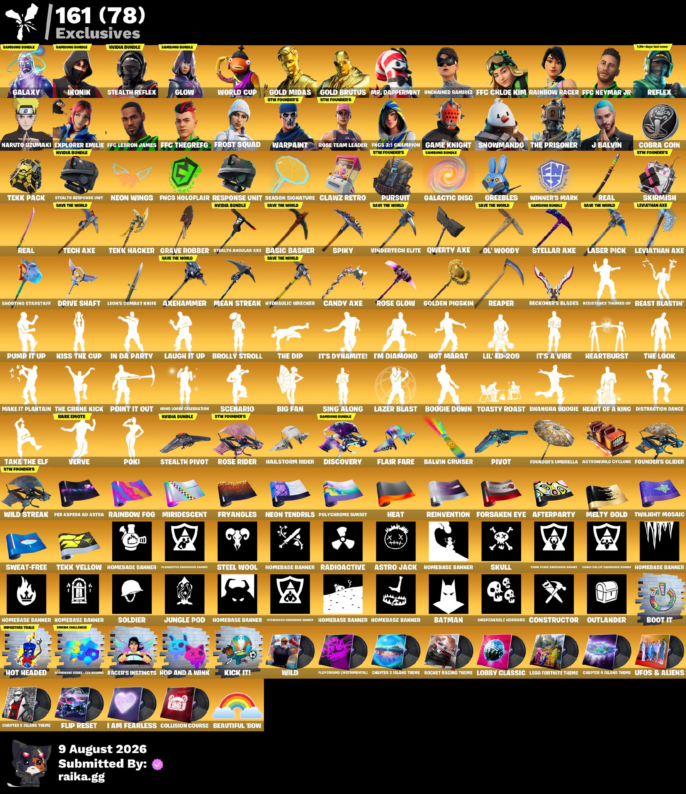 RAREST EXCLUSIVES🤯 PC/PSN/XBOX 🔥 561 Skins | OG STW | Galaxy | IKONIK | Stealth Reflex | Glow |  Renegade Raider | Indigo Kuno | Aerial Assault Trooper |  WORLD CUP | Gold Midas | Gold Brutus | Unchained Ramirez | 1 VB