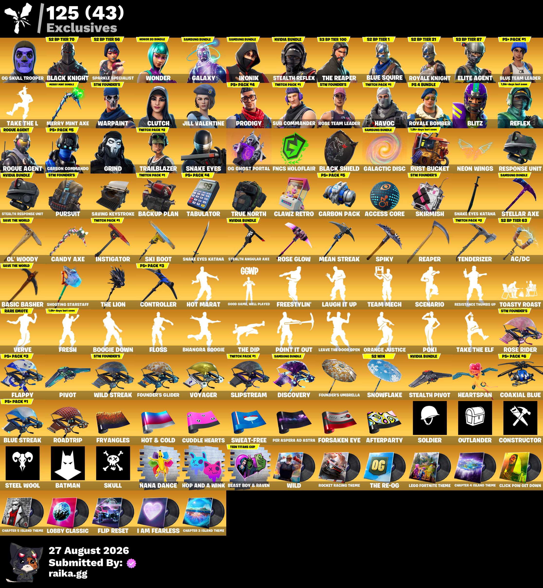 RAREST STACKED OG & EXCLUSIVES 🤩 PC/PSN/XBOX 🔥 285 Skins | OG STW | Og Skull Trooper | Black Knight | Sparkle Specialist | Wonder | Galaxy | IKONIK | Stealth Reflex | The Reaper | Merry Mint Axe | Blue Squire | Royale Knight | Elite Agent | 650 VB