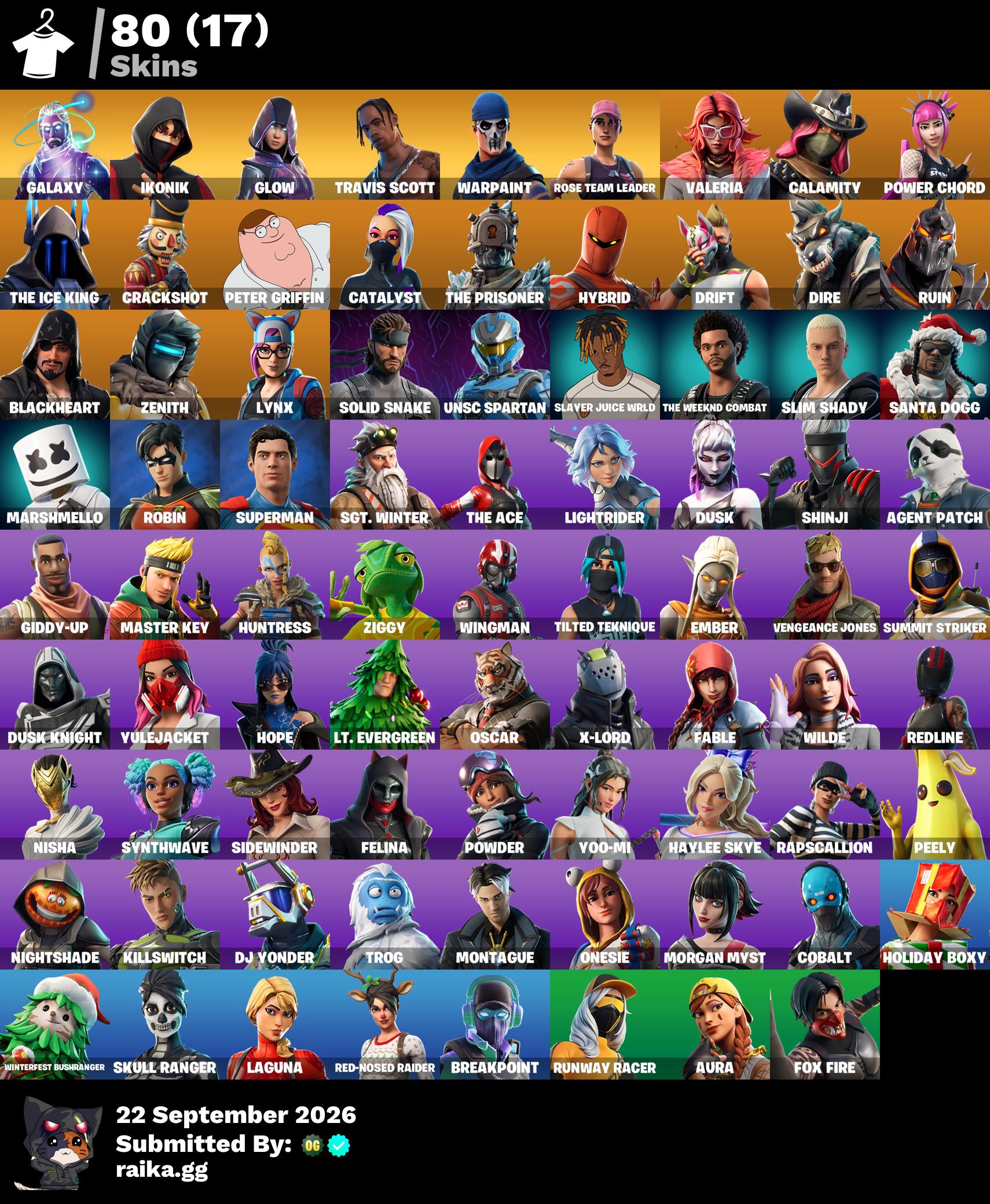[PC/PSN/XBOX] 80 skins | OG STW | Galaxy | IKONIK | Glow | Travis Scott | Valeria | Calamity | Power Chord | The Ice King | Crackshot | Peter Griffin | 1000 VB