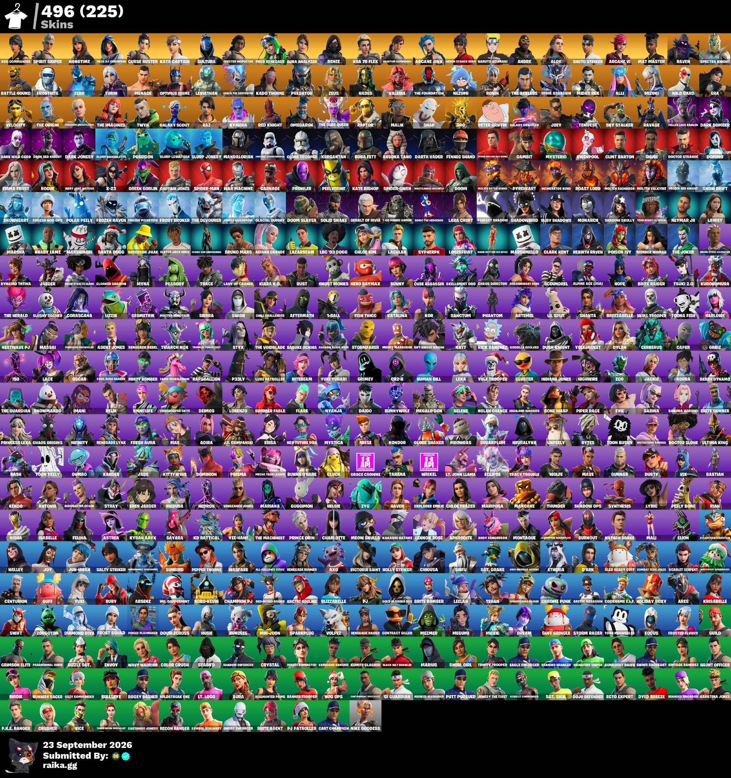 [PC/PSN/XBOX] 496 skins | Renegade Raider | Keri Commander | Spirit Sniper | Hangtime | FNCS 3:1 Champion | Curse Buster | Kata Captain | Sultura | 200 VB