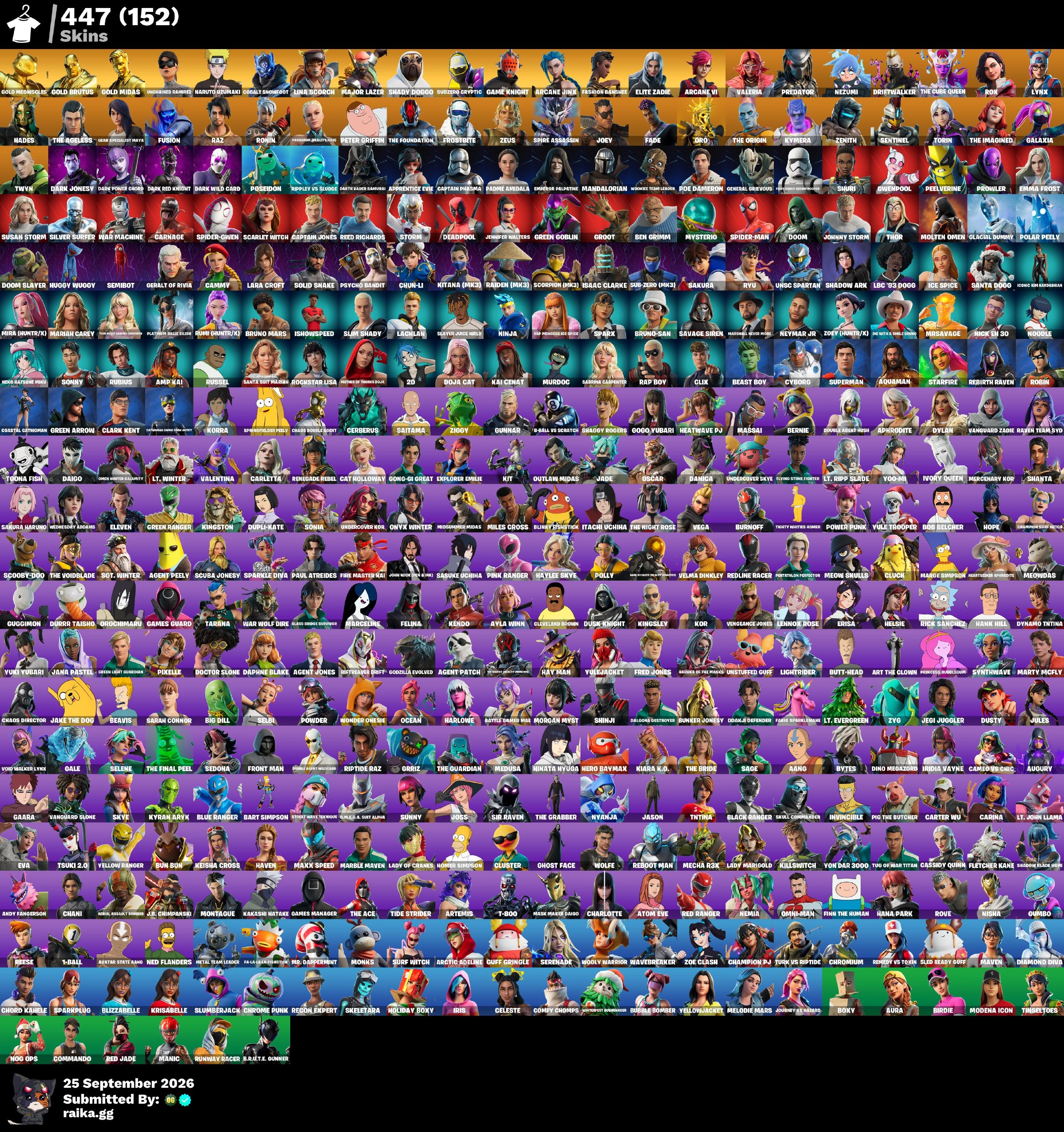 [PC/PSN/XBOX] 447 skins | Gold Meowscles | Gold Brutus | Gold Midas | Unchained Ramirez | Naruto Uzumaki | Cobalt Snowfoot | Lina Scorch | Major Lazer | 400 VB