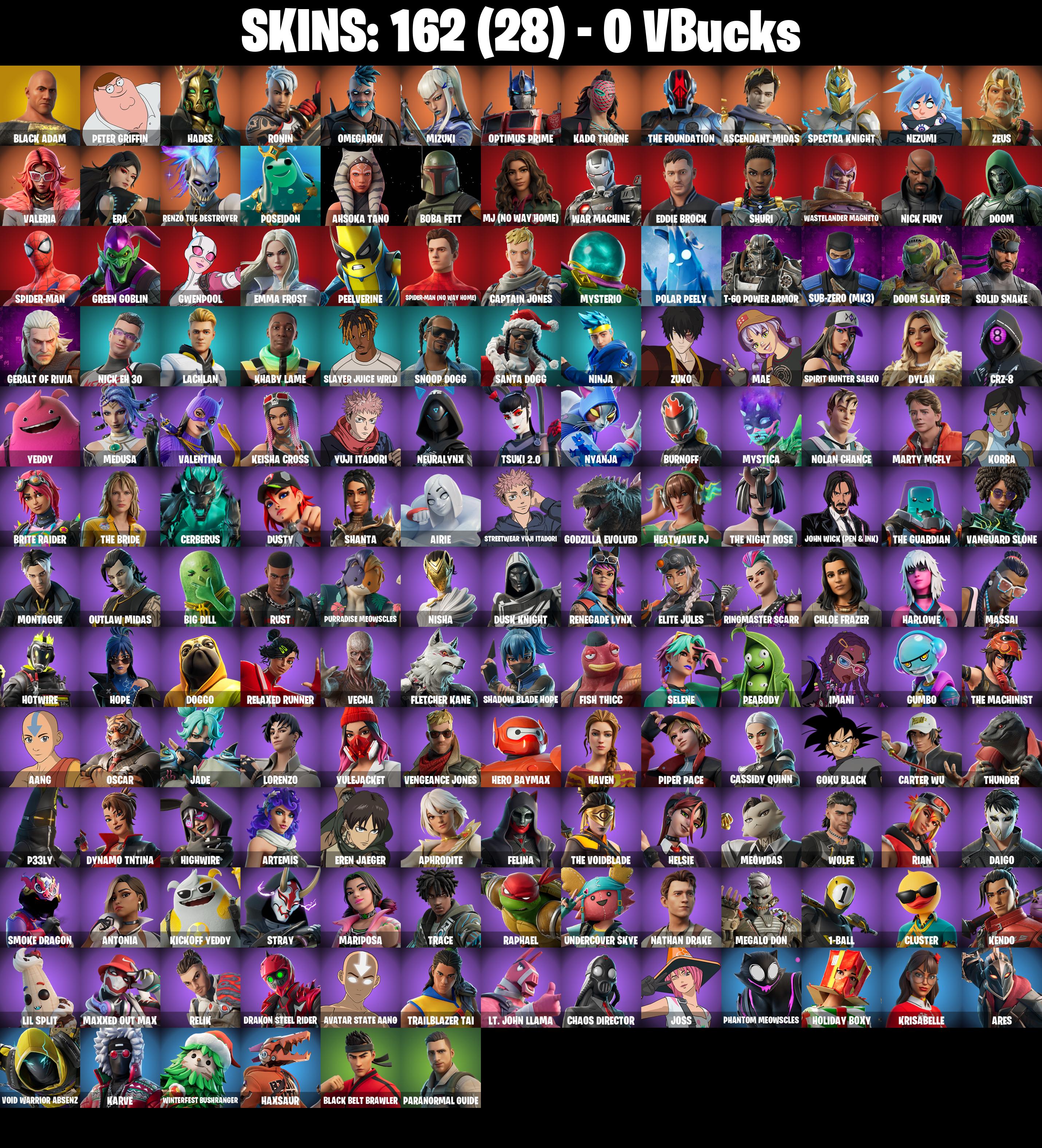 (PC/PSN/XBOX) 162 SKINS π Black Adam π Peter Griffin π Hades π Ronin π Omegarok π Mizuki π Optimus Prime π Kado Thorne π 0 V-Buck PARENTAL CONTROL β image 2