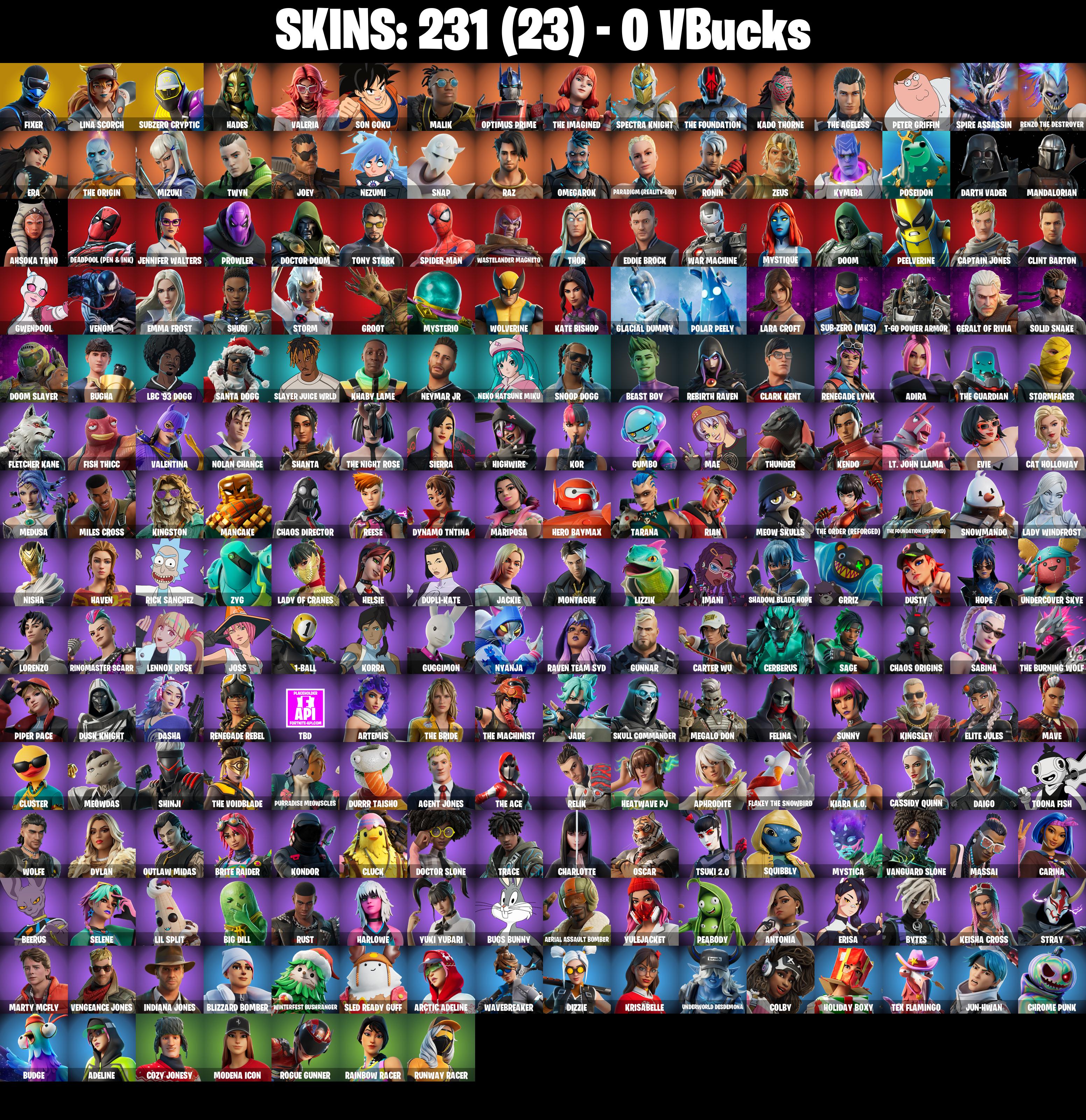 (PC/PSN/XBOX) 231 SKINS π Fixer π Lina Scorch π Subzero Cryptic π Hades π Valeria π Son Goku π Malik π Optimus Prime π 0 V-Buck PARENTAL CONTROL β image 2