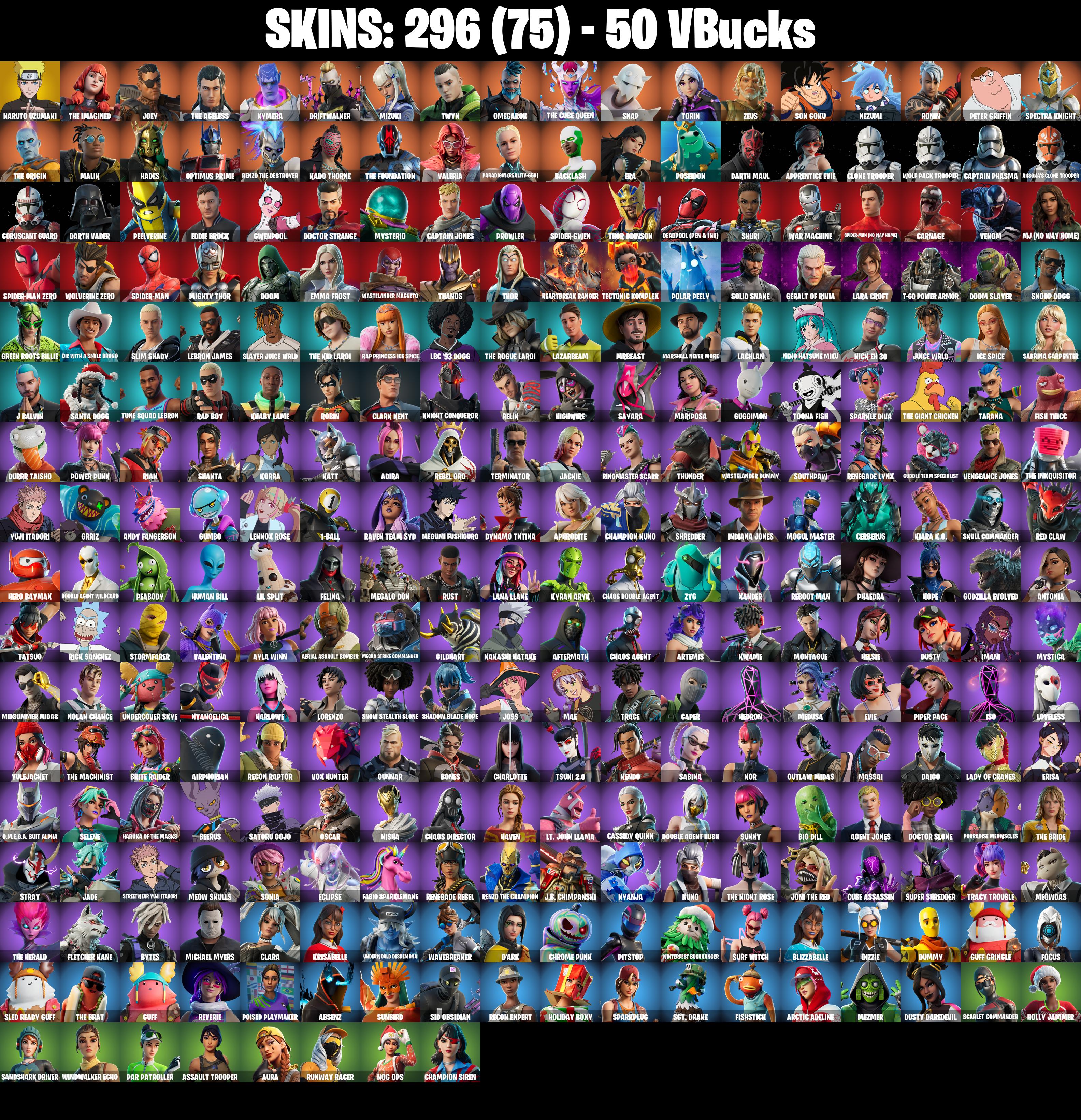 (PC/PSN/XBOX) 296 SKINS π« Naruto Uzumaki β‘οΈ The Imagined π Joey β‘οΈ The Ageless π Kymera β‘οΈ Driftwalker π Mizuki β‘οΈ Twyn π Omegarok | 50 V-Buck | PARENTAL CONTROLS β image 2