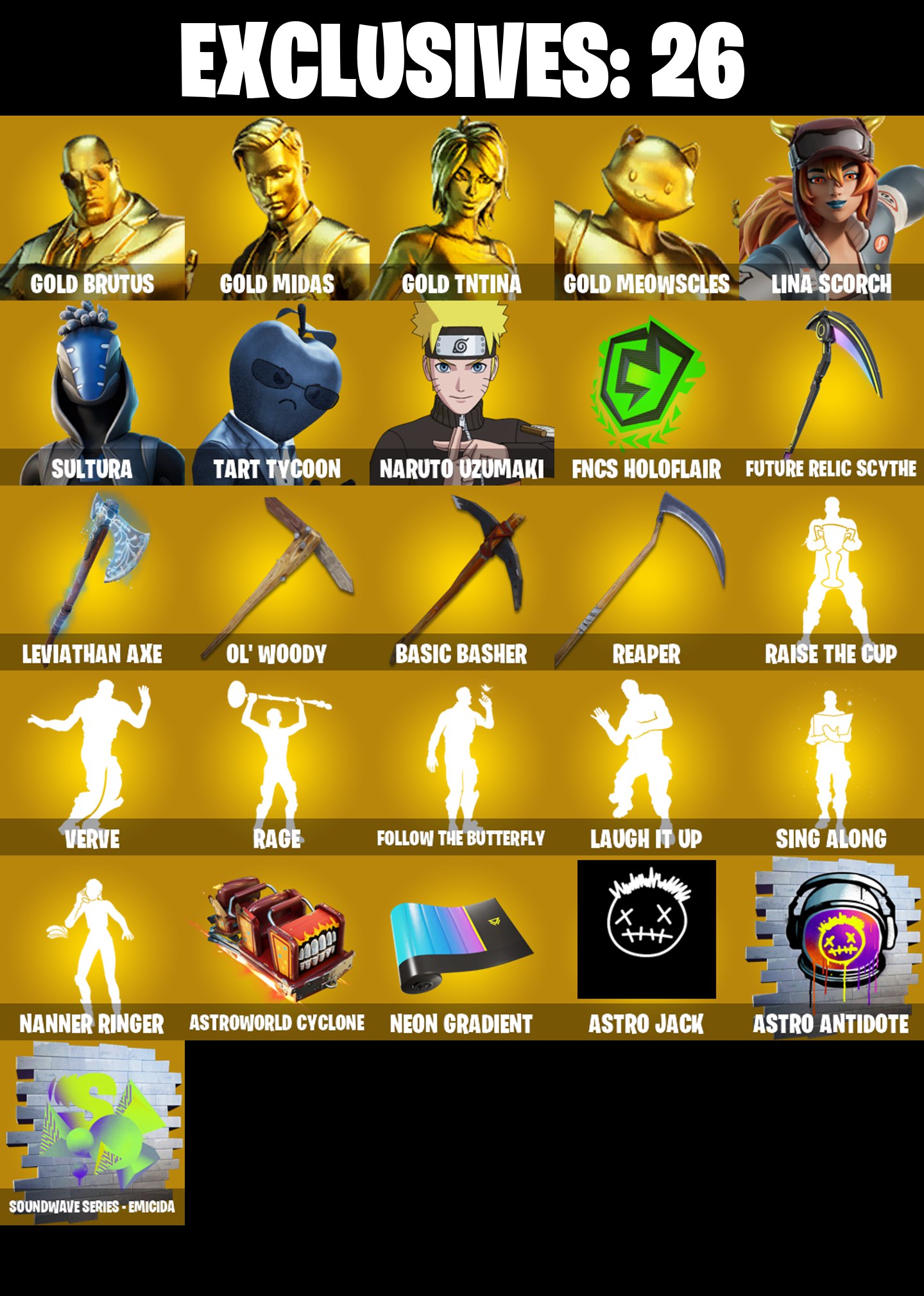 (PC/XBOX) 181 SKINS 🔥 Gold Brutus 🔥 Gold Midas 🔥 Gold TNTina 🔥 Gold Meowscles 🔥 Lina Scorch 🔥 Sultura 🔥 Tart Tycoon 🔥 1350 V-Bucks PARENTAL CONTROLS