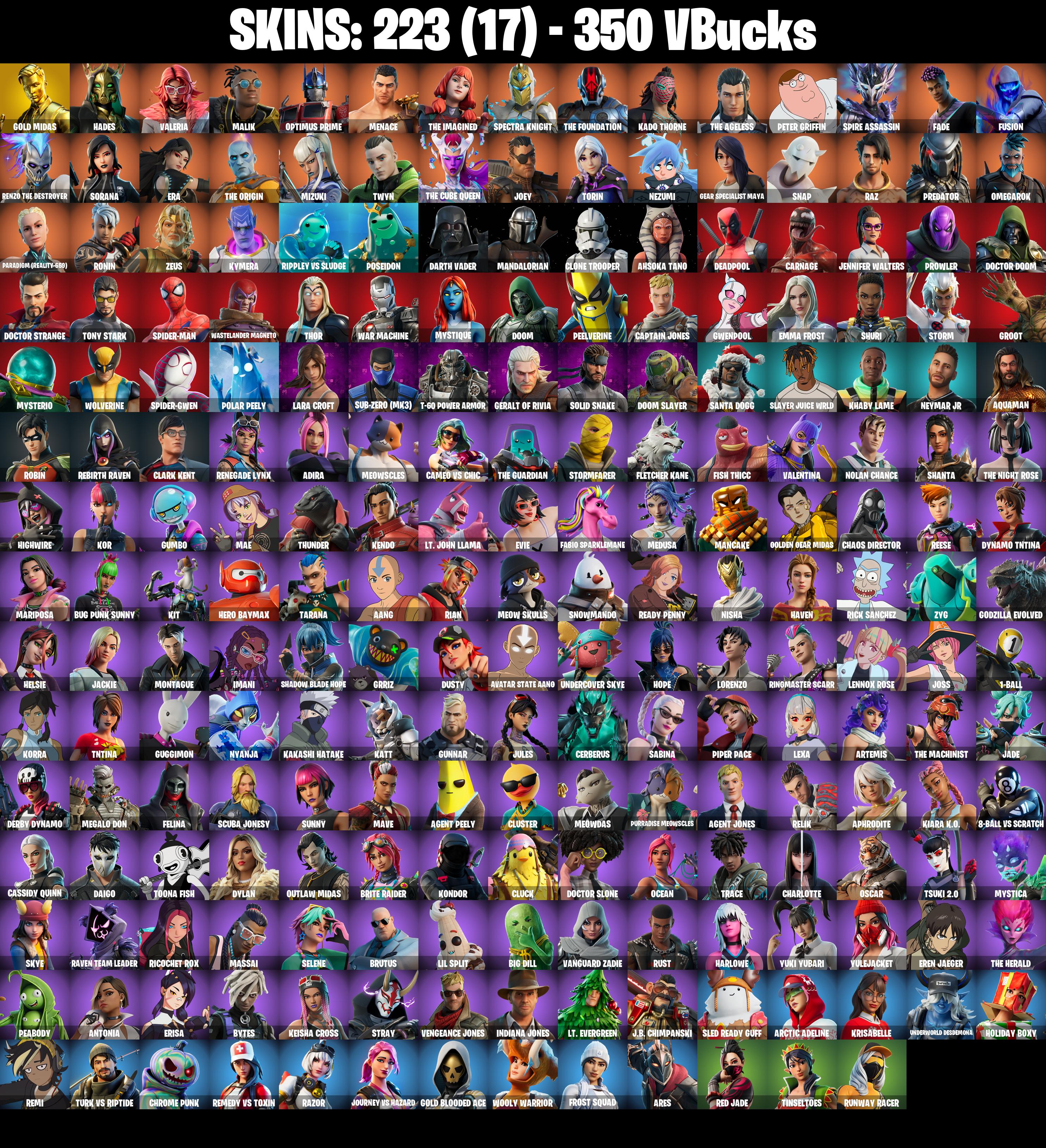 (PC/PSN/XBOX) 223 SKINS π Gold Midas π Hades π Valeria π Malik π Optimus Prime π Menace π The Imagined π Spectra Knight π 350 V-Buck PARENTAL CONTROL β image 2