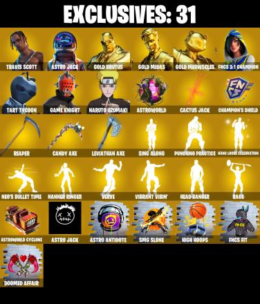 208 SKINS ✨ Travis Scott ✨ Astro Jack ✨ Gold Brutus ✨ Gold Midas ✨ Gold Meowscles ✨ FNCS 3:1 Champion ✨ Tart Tycoon ✨ Game Knight ✨ 700 V-Bucks (PC/PSN/XBOX) PARENTAL CONTROL — image 1