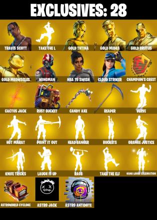 184 SKINS ✨ Travis Scott ✨ Gold TNTina ✨ Gold Midas ✨ Gold Brutus ✨ Gold Meowscles ✨ Wingman ✨ NBA 75 Swish ✨ Cloud Striker ✨ Ronin ✨ 150 V-bucks ✨ (PC/PSN/XBOX) PARENTAL CONTROL — image 2