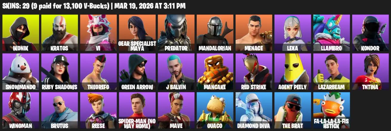 [PC/XBOX] | 29 Skins | IKONIK | Kratos | Gear Specialist Maya | Mandalorian | Menace | Predator | Vi | Agent Peely | Brutus | Green Arrow | O4G — image 2