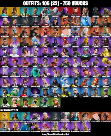 105 Skins|Throwback Axe,Sing Along,Lara Croft,Neymar Jr,Star Wand,Harley Hitter,Candy Axe,Ice Breaker,Driver Axe,Harley Quinn,Darth Vader,Catwoman Zero,Clark Ke — image 1