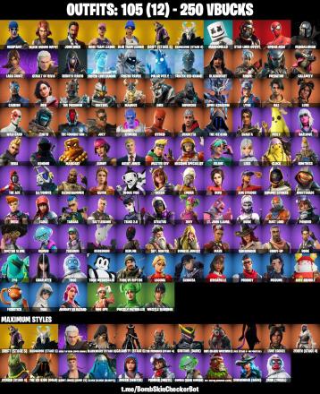 105 SKINS ⸱ TAKE THE L ⸱ OG STW ⸱ BLACK WIDOW OUTFIT ⸱ JOHN WICK ⸱ LARA CROFT ⸱ REBIRTH RAVEN ⸱ DIRE -MAGNUS ⸱ VENDETTA ⸱ TOON MEOWSCLES ⸱ FISHSTICK ⸱ LEXA ⸱ MANCAKE ⸱ WILD CARD ⸱ LYNX ⸱ LUXE ⸱ CALAMITY ⸱ SPIDER-MAN ⸱ MARSHMELLO - — image 1