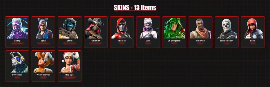 13 Skins | Galaxy | Lynx | Zenith | Calamity | The Ace | Dusk | Lt. Evergreen | Giddy-up | Skull Trooper | Fable | Lvl 309 — Fortnite account listing