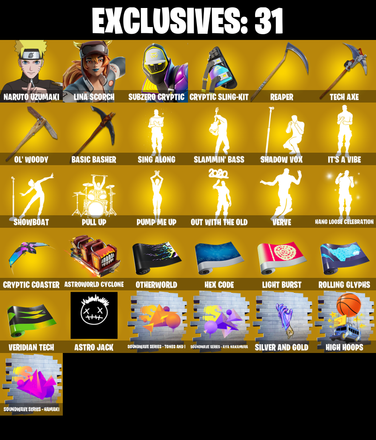 179 SKINS π Renegade Raider π Naruto Uzumaki π Lina Scorch π Subzero Cryptic π Era π Joey π Predator π The Imagined π Snap π 50 V-Buck (PC/PSN/XBOX) PARENTAL CONTROL β image 1
