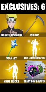 201 SKINS ๐ Naruto Uzumaki ๐ Joey ๐ Torin ๐ The Cube Queen ๐ Kymera ๐ Kado Thorne ๐ Predator ๐ Ronin ๐ Nezumi ๐ 850 V-Bucks (PC/PSN/XBOX) PARENTAL CONTROL โ Fortnite account listing