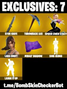 ✅209 Skins✅ Laugh It Up , Throwback Axe , Spidergwen (Stacy) , Sing Along