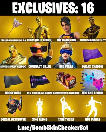[219 SKINS] ⭐️ GOLD MIDAS ⭐️ NEO VERSA   ⭐️ GOLD BRUTUS ⭐️  CONTRACT GILLER  ⭐️ THE CHAMPION ⭐️ SPIDERMAN GILDED REALITY  ⭐️ SLIM SHADY ⭐️ RAP BOY  ⭐️ (PC/PSN/XBOX) — image 1