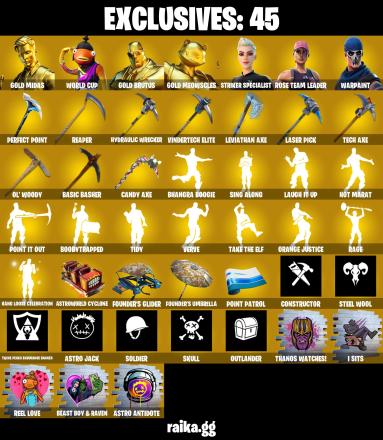 271 SKINS π Renegade Raider π Gold Midas π WORLD CUP π Gold Brutus π Gold Meowscles π Striker Specialist π Era π Fusion π 1050 V-Buck (PC/PSN/XBOX) PARENTAL CONTROL β image 1