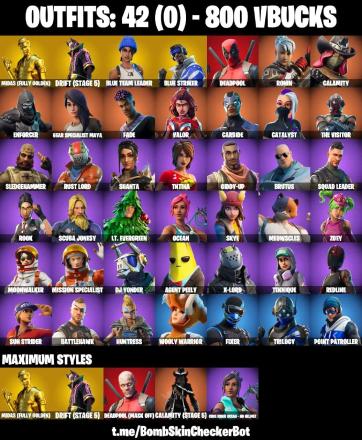 42 SKINS ⸱ TAKE THE L ⸱ RAGE ⸱ DEADPOOL ⸱ DRIFT MAXED ⸱ GOLDEN MIDAS ⸱ AGENT PEELY ⸱ SKYE ⸱ EVERGREEN ⸱ CATALYST ⸱ CALAMITY ⸱ FADE ⸱ MAYA ⸱ TNTINA ⸱ RUST LORD ⸱ AGENT PEELY ⸱ HUNTRESS ⸱ BLUE STRIKER ⸱ ORANGE JUSTICE ⸱ HYPE ⸱ RESPE — image 1