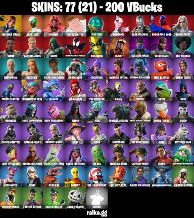 🔥 77 Skins 🧭 Explorer Emilie 🎭 Backlash 🌹 Valeria 🍗 Peter Griffin 🎩 Mysterio 🌀 Gwenpool 🛡️ War Machine 🕷️ Spider-Man 2099 ❄️ Emma Frost 🐾 Shuri 🆔 OGmFN1027 🔥 — image 1