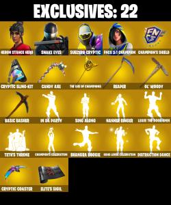 (PC/XBOX) 273 SKINS ๐ฅ Aerial Assault Trooper ๐ฅ Heron Stance Hero ๐ฅ Snake Eyes ๐ฅ Subzero Cryptic ๐ฅ FNCS 3:1 Champion ๐ฅ Snap ๐ฅ The Imagined ๐ฅ 150 VB | PARENTAL CONTROLS โ Fortnite account listing