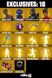 (PC) 1800 VB) 200 SKINS ๐ฅ Travis Scott ๐ฅ Astro Jack ๐ฅ Master Chief (Matte Black) ๐ฅ Heron Stance Hero ๐ฅ Ronin ๐ฅ Predator ๐ฅ Renzo the Destroye | PARENTAL CONTROLS โ Fortnite account listing