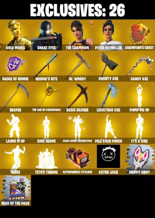 (PC) 291 SKINS π₯ Gold Midas π₯ Snake Eyes π₯ The Champion π₯ Pitch Patroller π₯ Mecha Cuddle Master π₯ Gear Specialist Maya π₯ Torin π₯ 1100 V-Bucksπ₯ PARENTAL CONTROLS β image 1