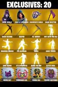 (PC/PSN/XBOX) 168 SKINS ๐ซ Dark Skully โก๏ธ FNCS 3:1 Champion ๐ Backlash โก๏ธ Optimus Prime ๐ Twyn โก๏ธ Ronin ๐ Fade โก๏ธ Era ๐ The Ageless | 1150 V-Buck | PARENTAL CONTROLS โ Fortnite account listing