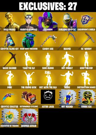 (PC) 282 SKINS 🔥 Gold Midas 🔥 Naruto Uzumaki 🔥 Gridiron 🔥 Subzero Cryptic 🔥 Snap 🔥 The Imagined 🔥 Hybrid 🔥 Twyn 🔥 Raz 🔥 400 VB | PARENTAL CONTROLS — image 1